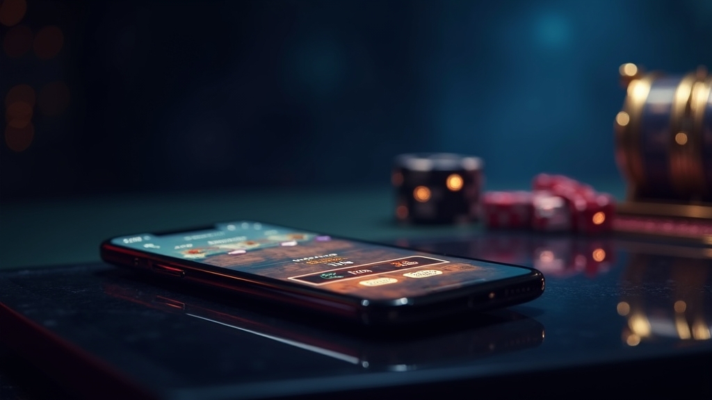 Smartphone showing Android and iPhone app download options in a dark casino setting