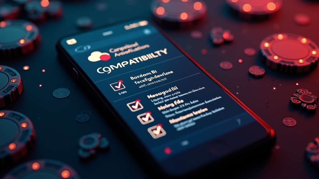 Smartphone with APK compatibility checklist in a dark casino-themed setting