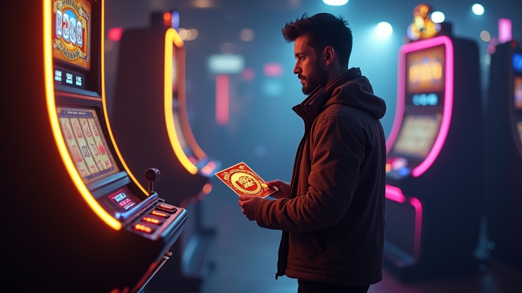 New player receiving a no deposit bonus card in a neon casino lobby