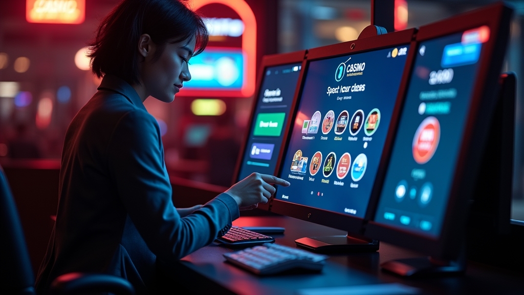 Player reviewing casino payment options on a glowing cashier screen in a dark casino setting