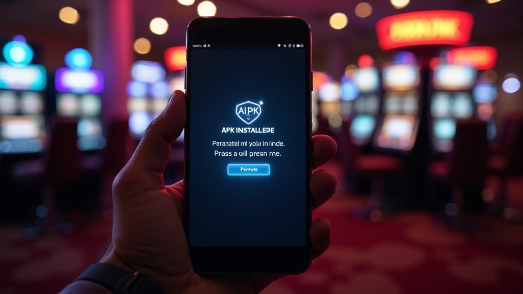 Smartphone installing a casino app with permission prompts in a dark casino scene