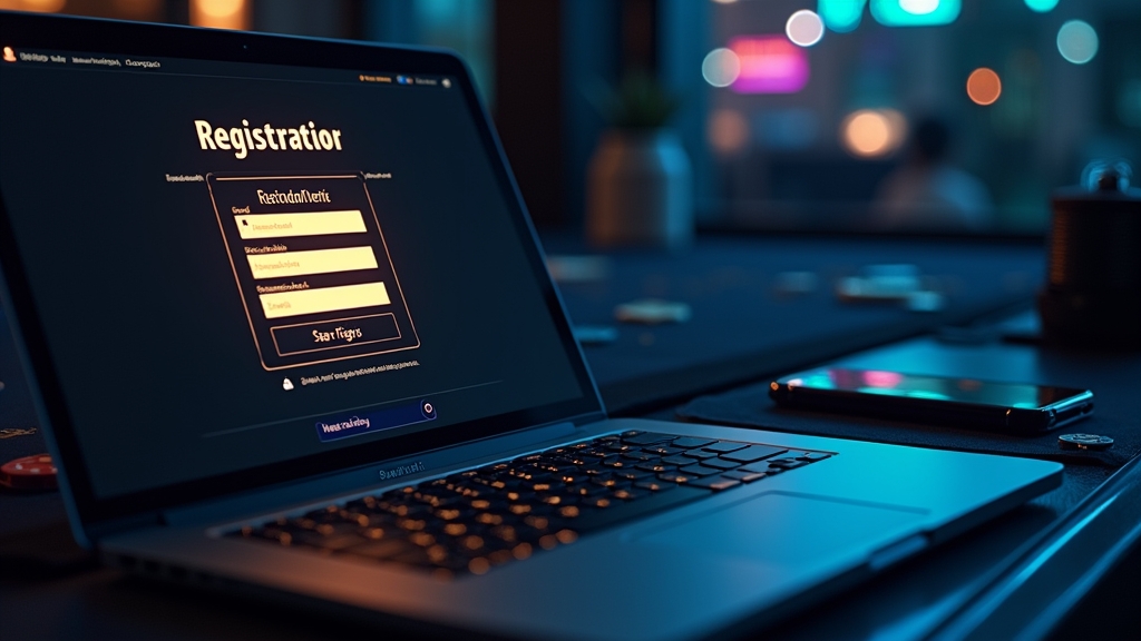 Casino signup form on a laptop and phone in a dark neon-lit room